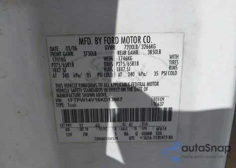 2006 Ford F-150 Fx4/Lariat/Xlt из США, поврежденный, VIN 1FTPW14V16KD13967